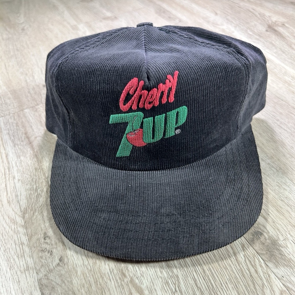 VTG 80s 90s Cherry 7‎ UP Strapback Hat Soda Gray Black Corduroy Cap Made in USA